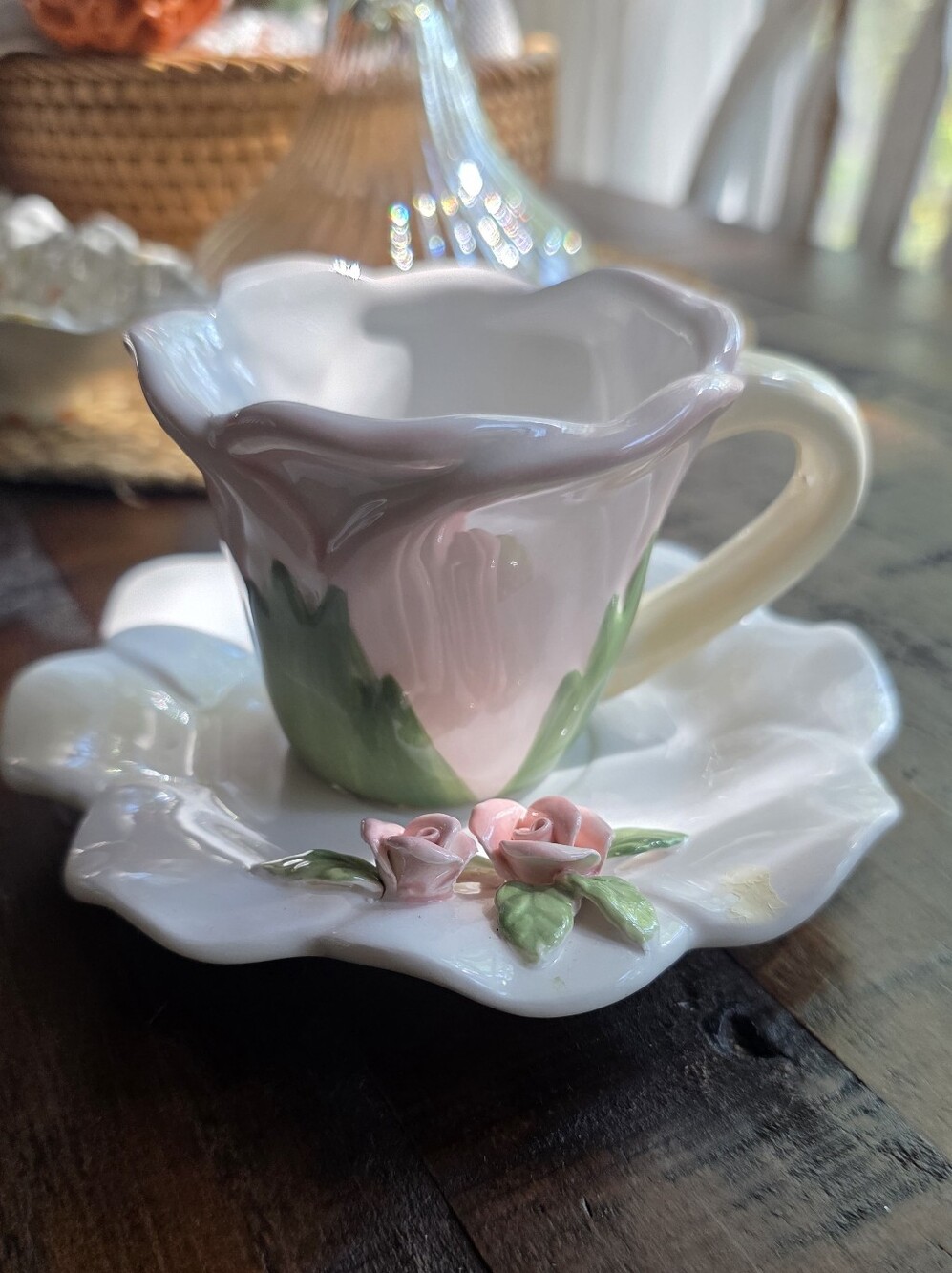 Hand-Painted Floral Porcelain Teacup and Saucer - Pink